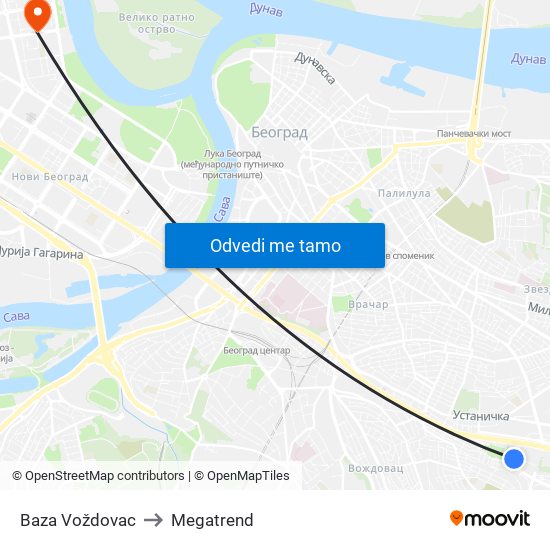 Baza Voždovac to Megatrend map