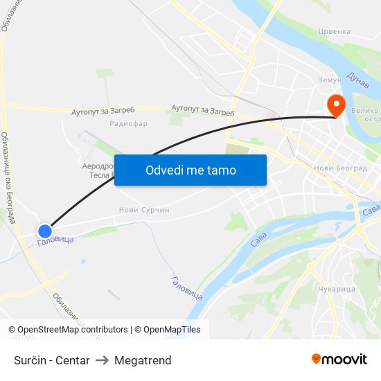 Surčin - Centar to Megatrend map