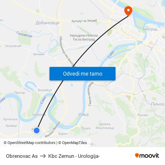 Obrenovac Аs to Kbc Zemun - Urologija- map