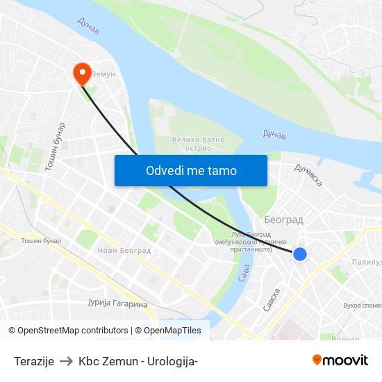 Terazije to Kbc Zemun - Urologija- map