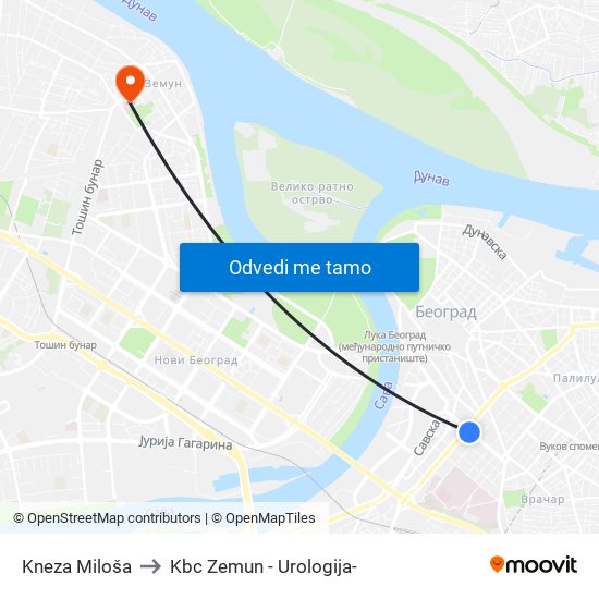 Kneza Miloša to Kbc Zemun - Urologija- map