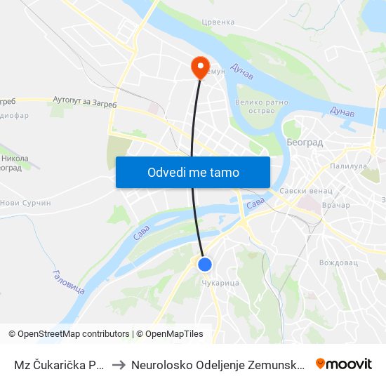 Mz Čukarička Padina to Neurolosko Odeljenje Zemunske Bolnice map