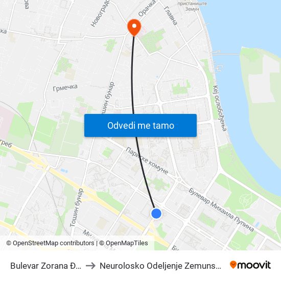 Bulevar Zorana Đinđića to Neurolosko Odeljenje Zemunske Bolnice map