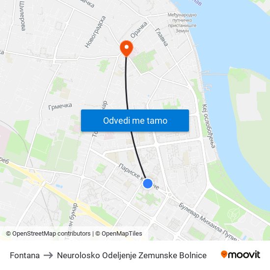 Fontana to Neurolosko Odeljenje Zemunske Bolnice map