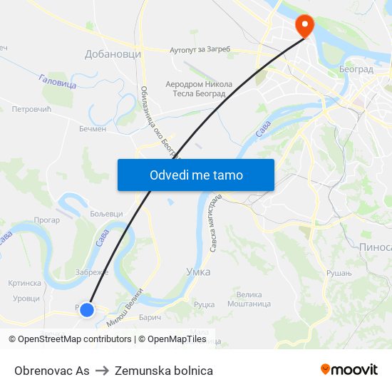 Obrenovac Аs to Zemunska bolnica map