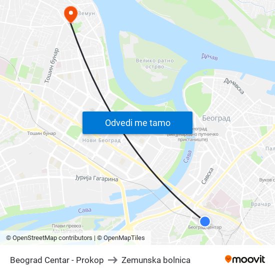 Beograd Centar - Prokop to Zemunska bolnica map