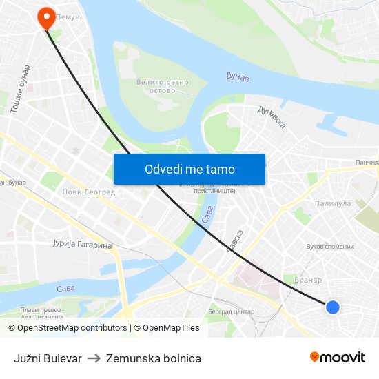 Južni Bulevar to Zemunska bolnica map