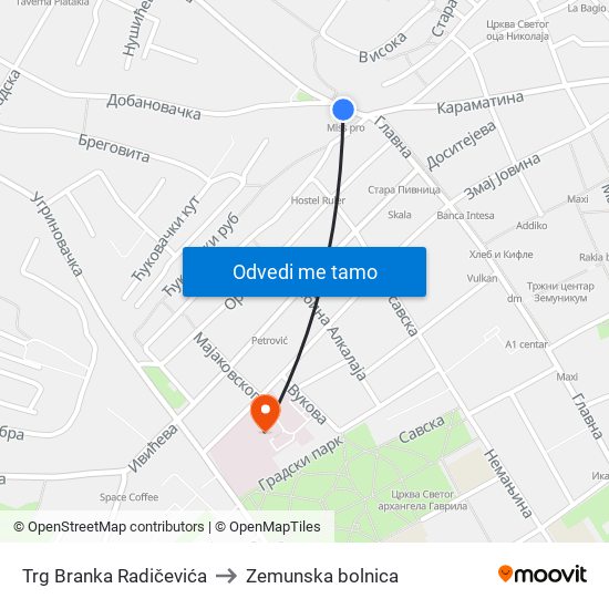 Trg Branka Radičevića to Zemunska bolnica map