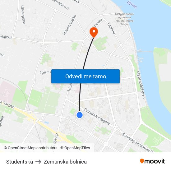 Studentska to Zemunska bolnica map