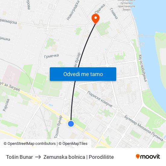 Tošin Bunar to Zemunska bolnica | Porodilište map