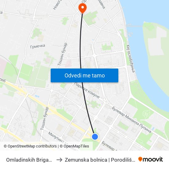 Omladinskih Brigada to Zemunska bolnica | Porodilište map