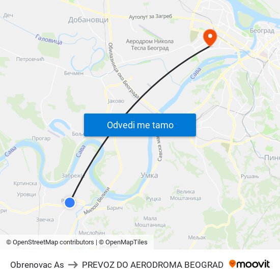 Obrenovac Аs to PREVOZ DO AERODROMA BEOGRAD map