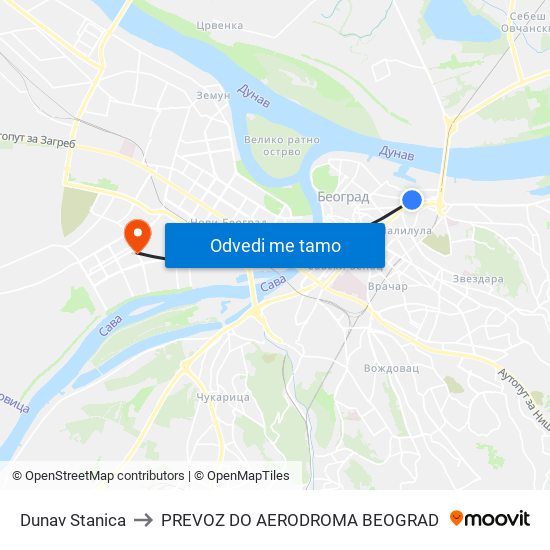 Dunav Stanica to PREVOZ DO AERODROMA BEOGRAD map