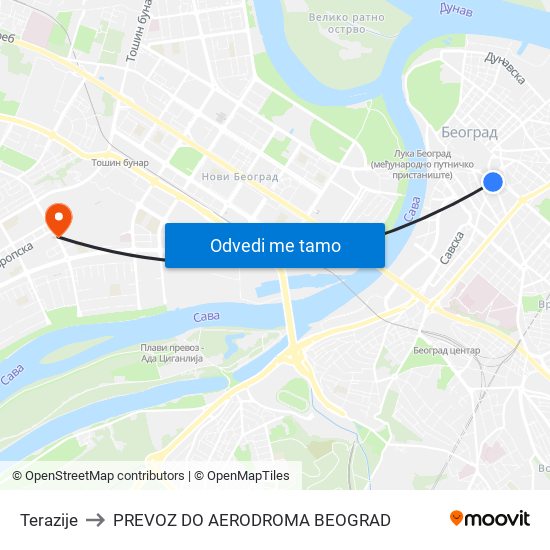 Terazije to PREVOZ DO AERODROMA BEOGRAD map