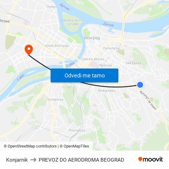 Konjarnik to PREVOZ DO AERODROMA BEOGRAD map