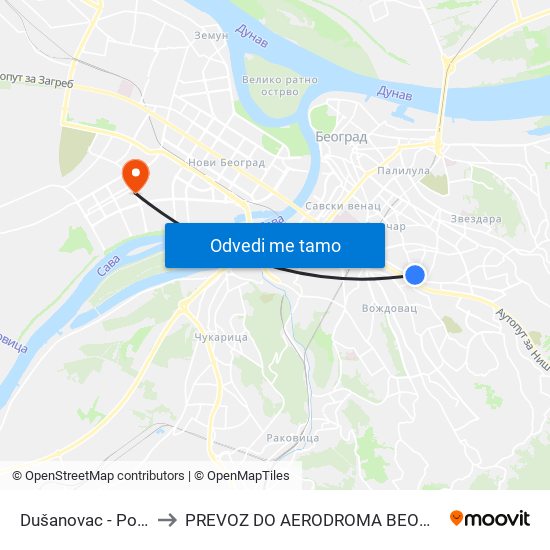 Dušanovac - Pošta to PREVOZ DO AERODROMA BEOGRAD map