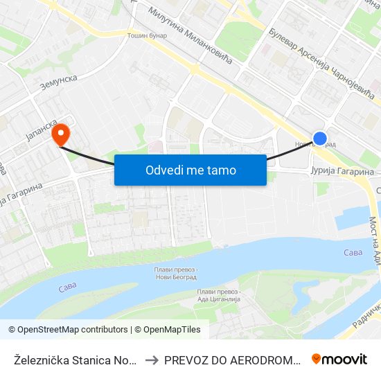 Železnička Stanica Novi Beograd to PREVOZ DO AERODROMA BEOGRAD map