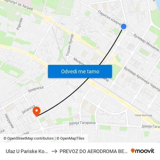 Ulaz U Pariske Komune to PREVOZ DO AERODROMA BEOGRAD map