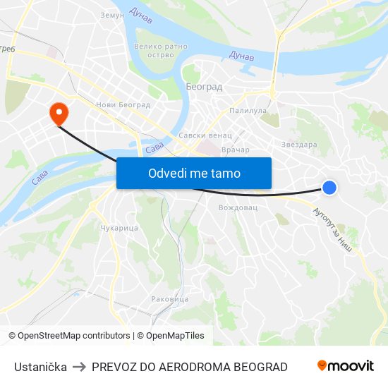 Ustanička to PREVOZ DO AERODROMA BEOGRAD map