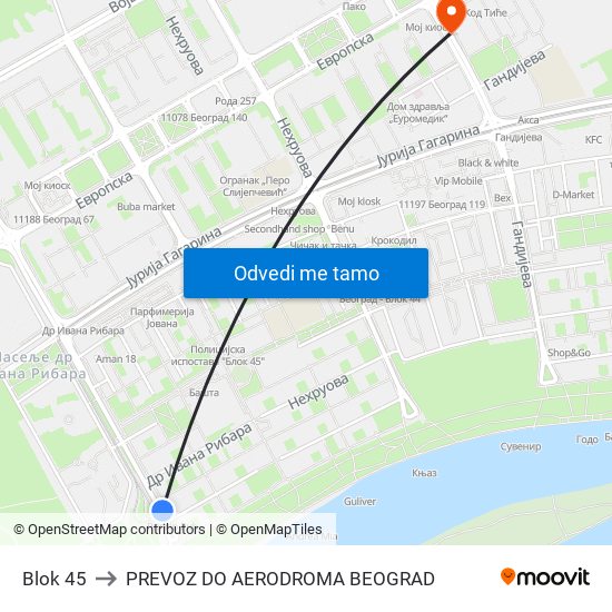 Blok 45 to PREVOZ DO AERODROMA BEOGRAD map