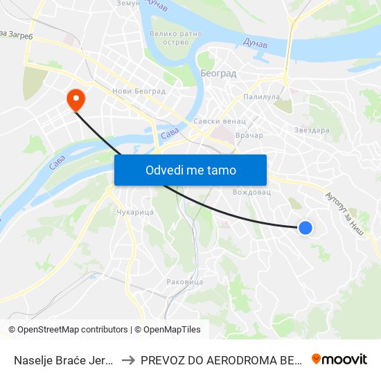 Naselje Braće Jerković to PREVOZ DO AERODROMA BEOGRAD map