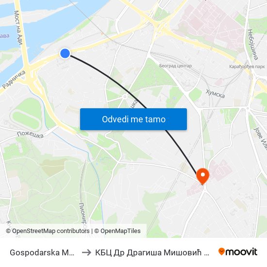 Gospodarska Mehana to КБЦ Др Драгиша Мишовић Дедиње map