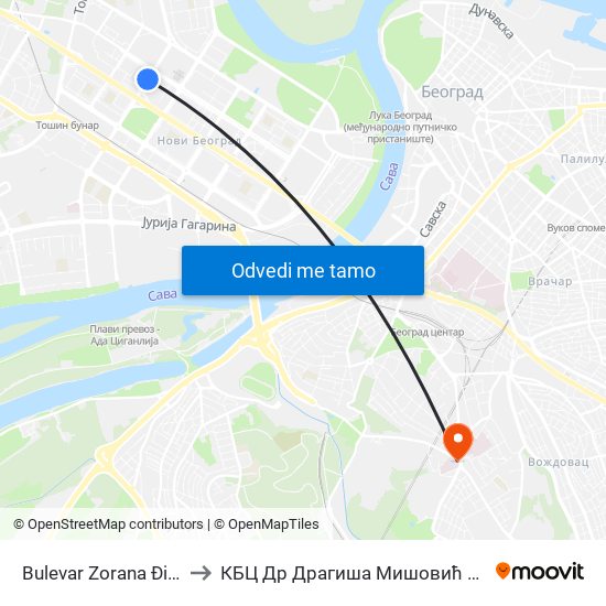 Bulevar Zorana Đinđića to КБЦ Др Драгиша Мишовић Дедиње map