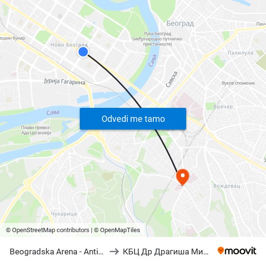 Beogradska Arena - Antifašističke Borbe to КБЦ Др Драгиша Мишовић Дедиње map