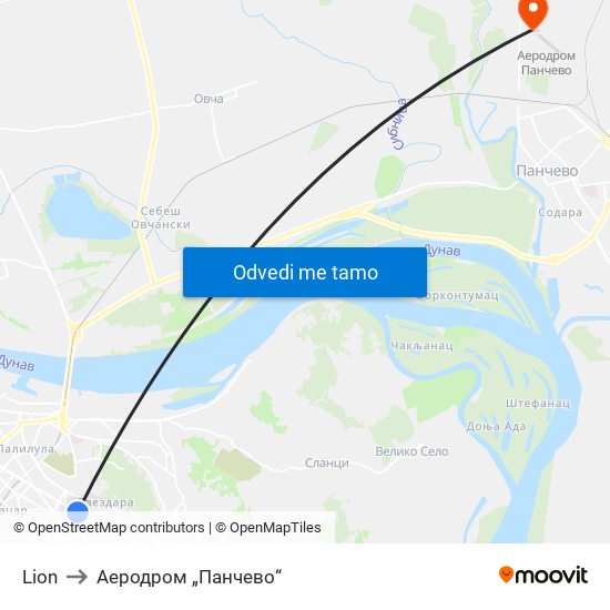 Lion to Аеродром „Панчево“ map