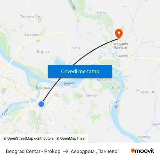 Beograd Centar - Prokop to Аеродром „Панчево“ map