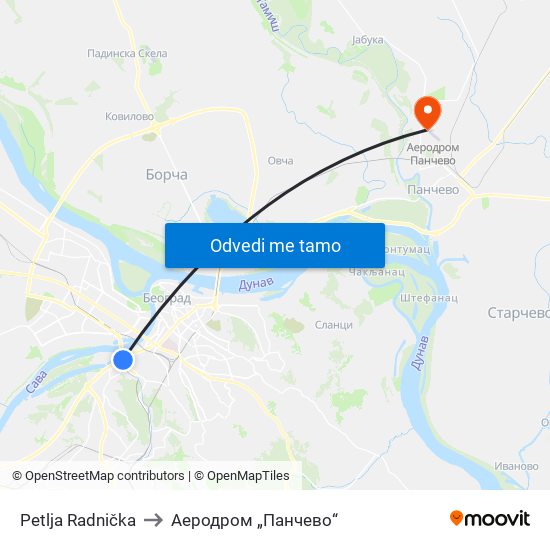 Petlja Radnička to Аеродром „Панчево“ map