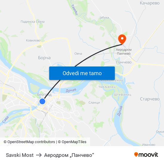 Savski Most to Аеродром „Панчево“ map
