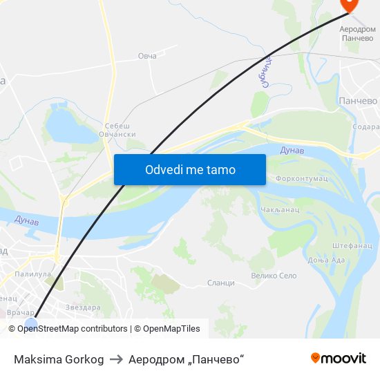 Maksima Gorkog to Аеродром „Панчево“ map