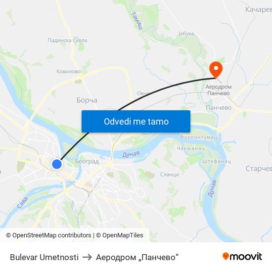 Bulevar Umetnosti to Аеродром „Панчево“ map