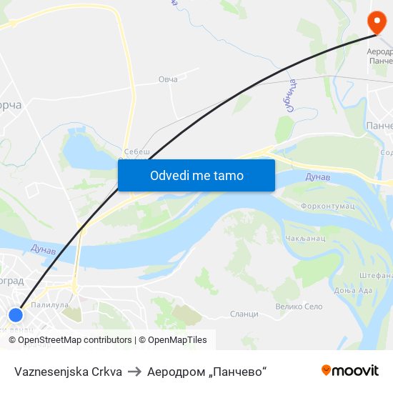 Vaznesenjska Crkva to Аеродром „Панчево“ map