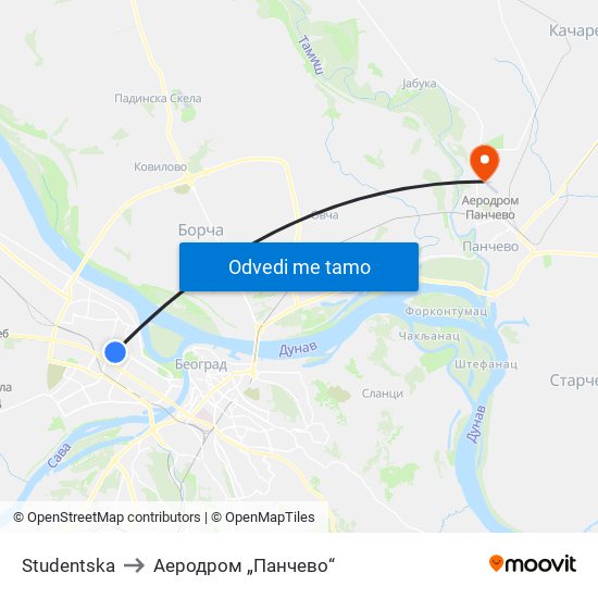 Studentska to Аеродром „Панчево“ map