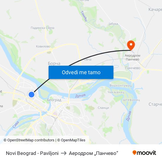 Novi Beograd - Paviljoni to Аеродром „Панчево“ map