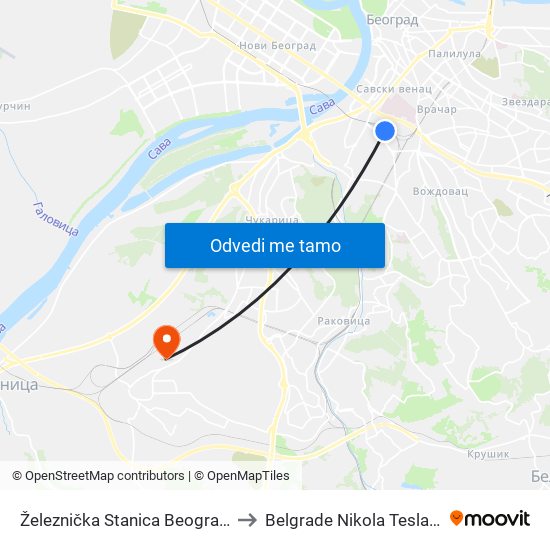 Železnička Stanica Beograd Centar to Belgrade Nikola Tesla Airport map