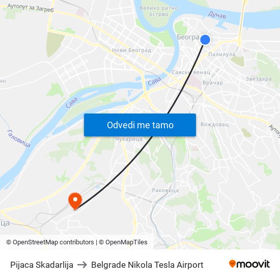 Pijaca Skadarlija to Belgrade Nikola Tesla Airport map