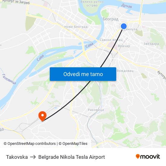 Takovska to Belgrade Nikola Tesla Airport map