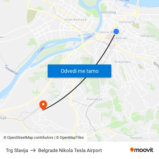 Trg Slavija to Belgrade Nikola Tesla Airport map