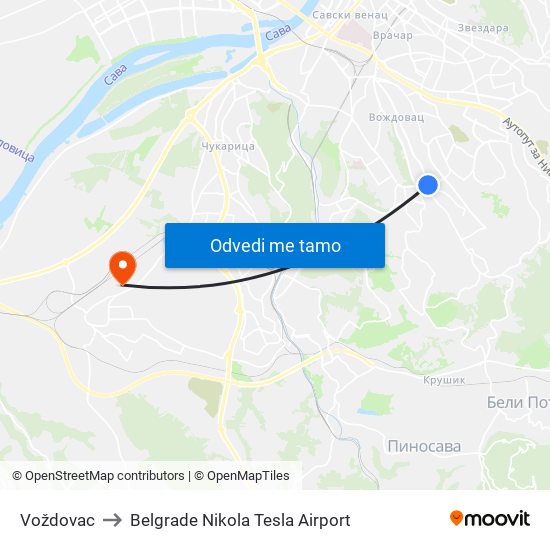 Voždovac to Belgrade Nikola Tesla Airport map