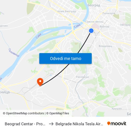 Beograd Centar - Prokop to Belgrade Nikola Tesla Airport map