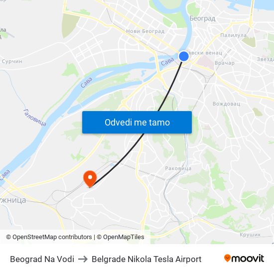 Beograd Na Vodi to Belgrade Nikola Tesla Airport map