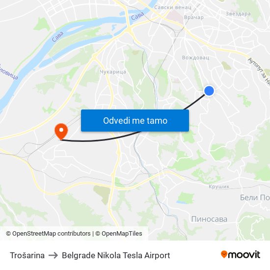 Trošarina to Belgrade Nikola Tesla Airport map