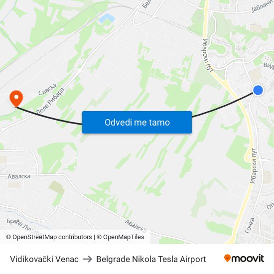 Vidikovački Venac to Belgrade Nikola Tesla Airport map