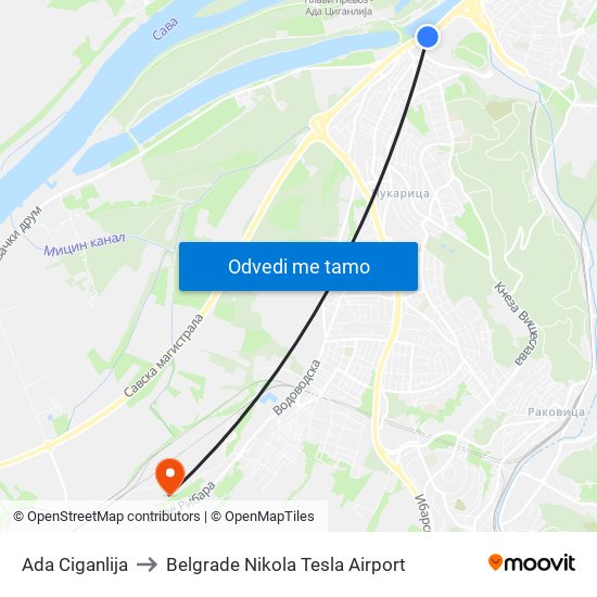 Ada Ciganlija to Belgrade Nikola Tesla Airport map