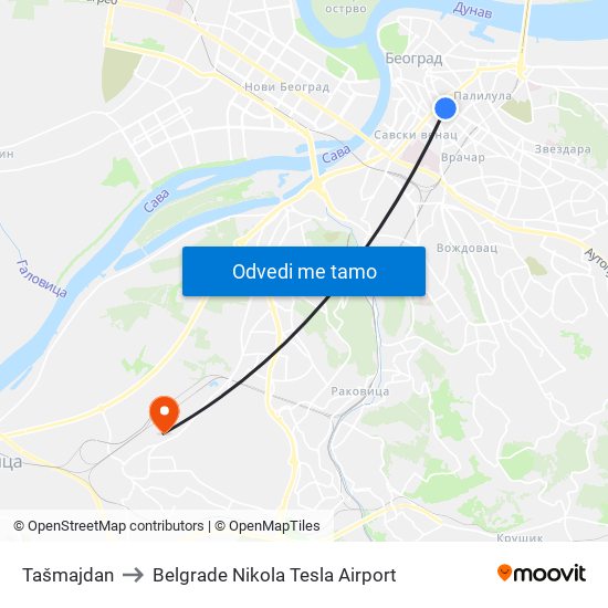 Tašmajdan to Belgrade Nikola Tesla Airport map