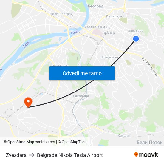 Zvezdara to Belgrade Nikola Tesla Airport map