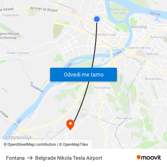 Fontana to Belgrade Nikola Tesla Airport map